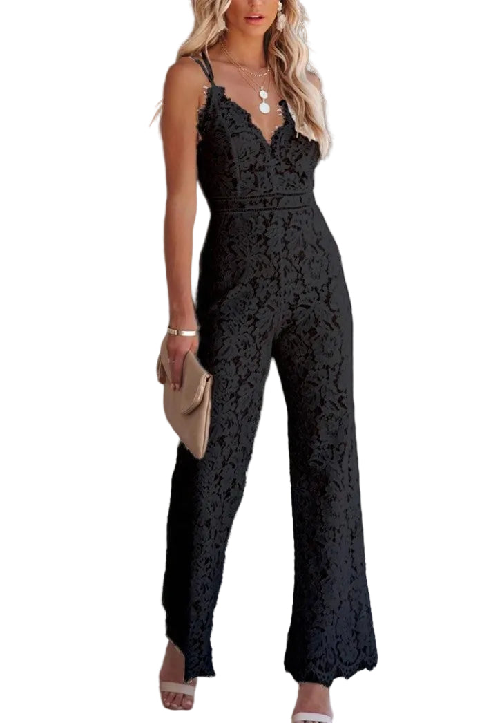 Solid Color Lace Stitching Sleeveless Casual Suspender Jumpsuit - cas7m