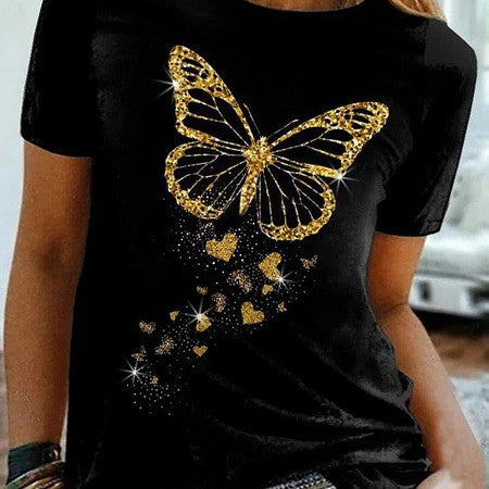 Butterfly Print Crew Neck Short Sleeve T-Shirt - cas7m