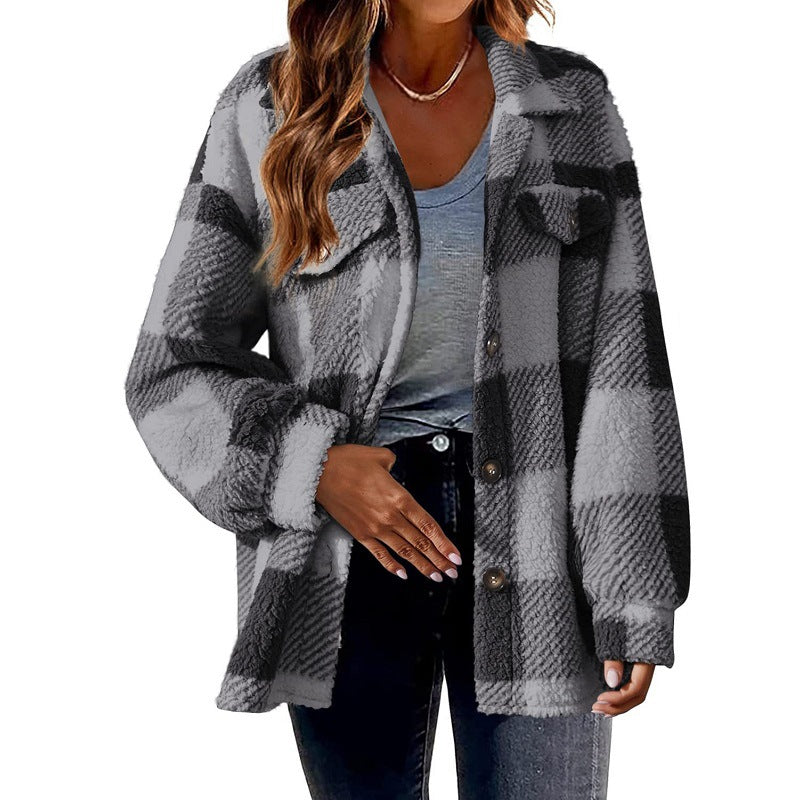 Turndown Collar Plaid Jacket With Pockets Single Breasted Button Down Woolen Jacket Autumn And Winter Clothes For Women - cas7m