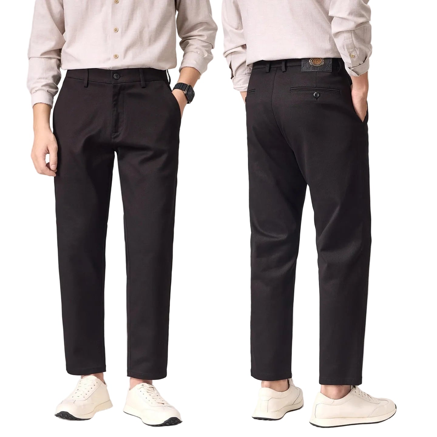 A side-by-side front and back view of a person wearing black slim-fit chino pants, a light beige button-up shirt, and white sneakers against a plain light background.