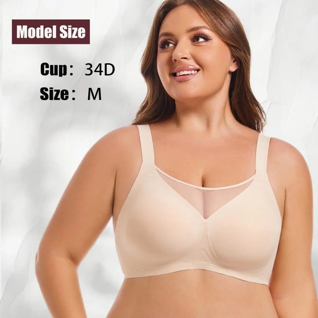 Woman wearing a beige bra with model size and cup size information displayed.