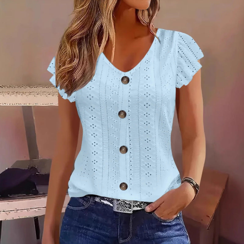 Solid Color Jacquard V-neck Buttons Long Sleeve T-shirt - cas7m