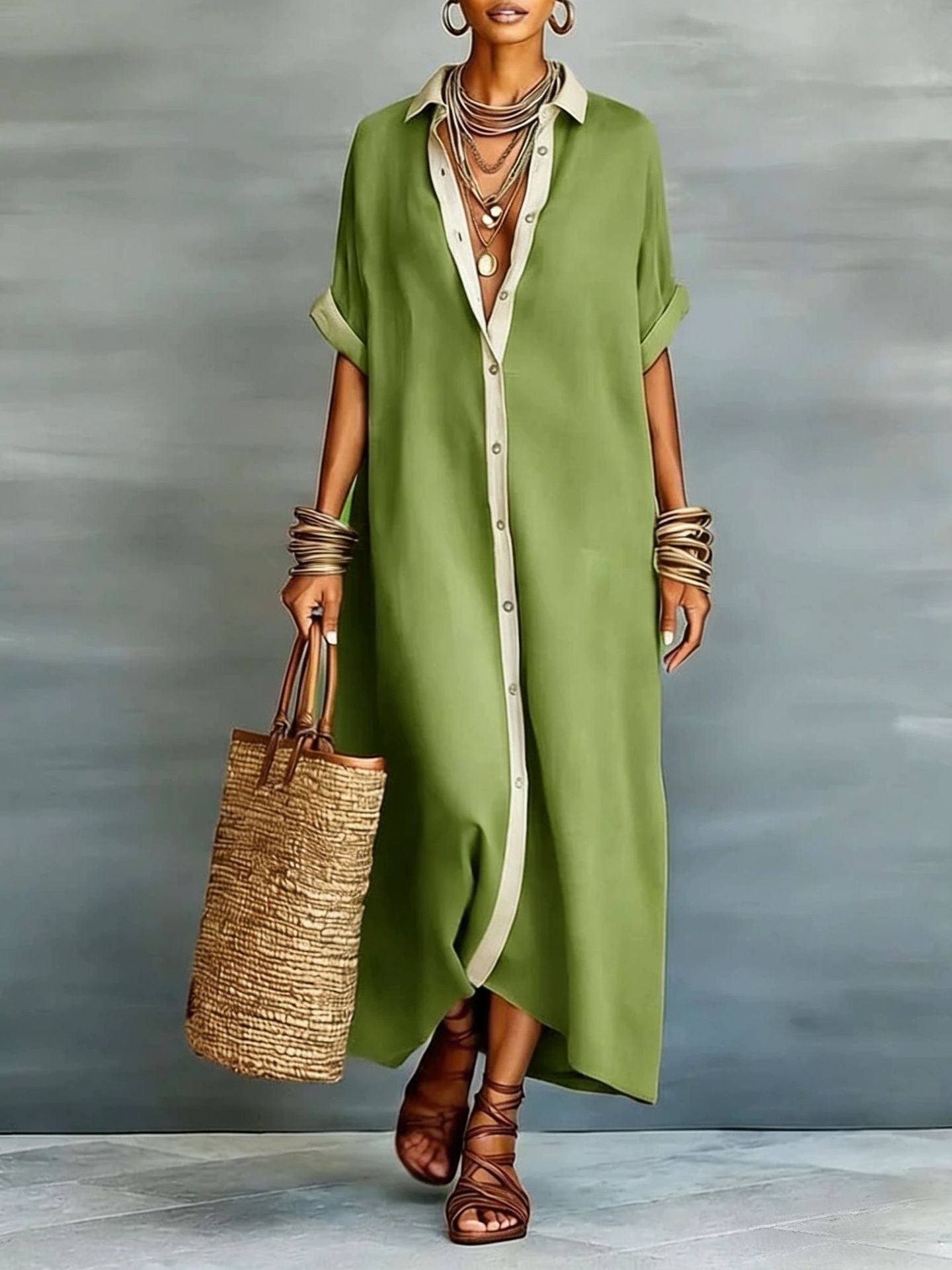 Color-blocked Loose  And Linen Long Dress Fashionable And Casual Dress - cas7m