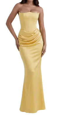 Yellow strapless gown on a white background