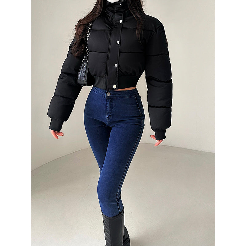Hot Girl Fashionable Stand Collar Zipper Elastic And Waisted Warm Quilted Jacket Short Cotton Coat Women - cas7m