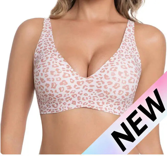 Leopard print bralette worn by a model with 'NEW' label on a white background