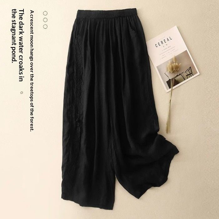 Embroidered Loose-fit Drapey Cotton-linen Pants - cas7m
