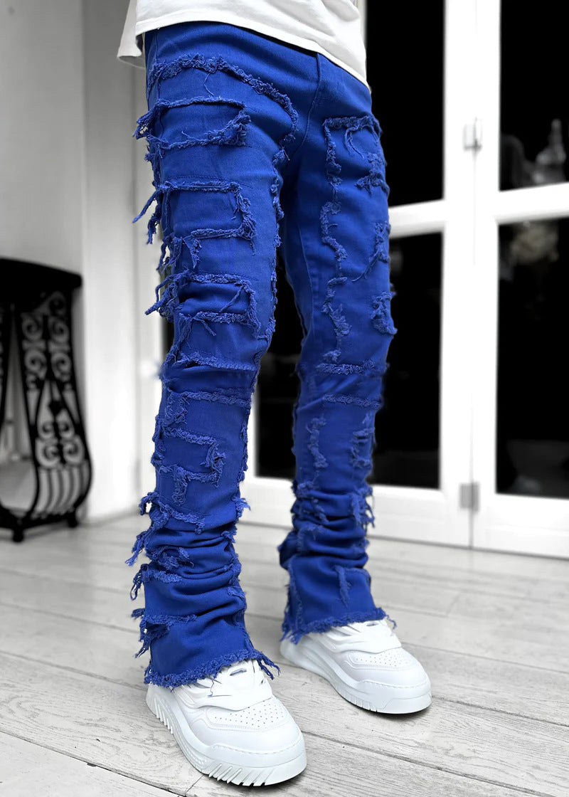 Ins Fringes Ripped Trousers Individual Patched Pants Long Tight Fit Stacked Jeans For Mens Clothing - cas7m