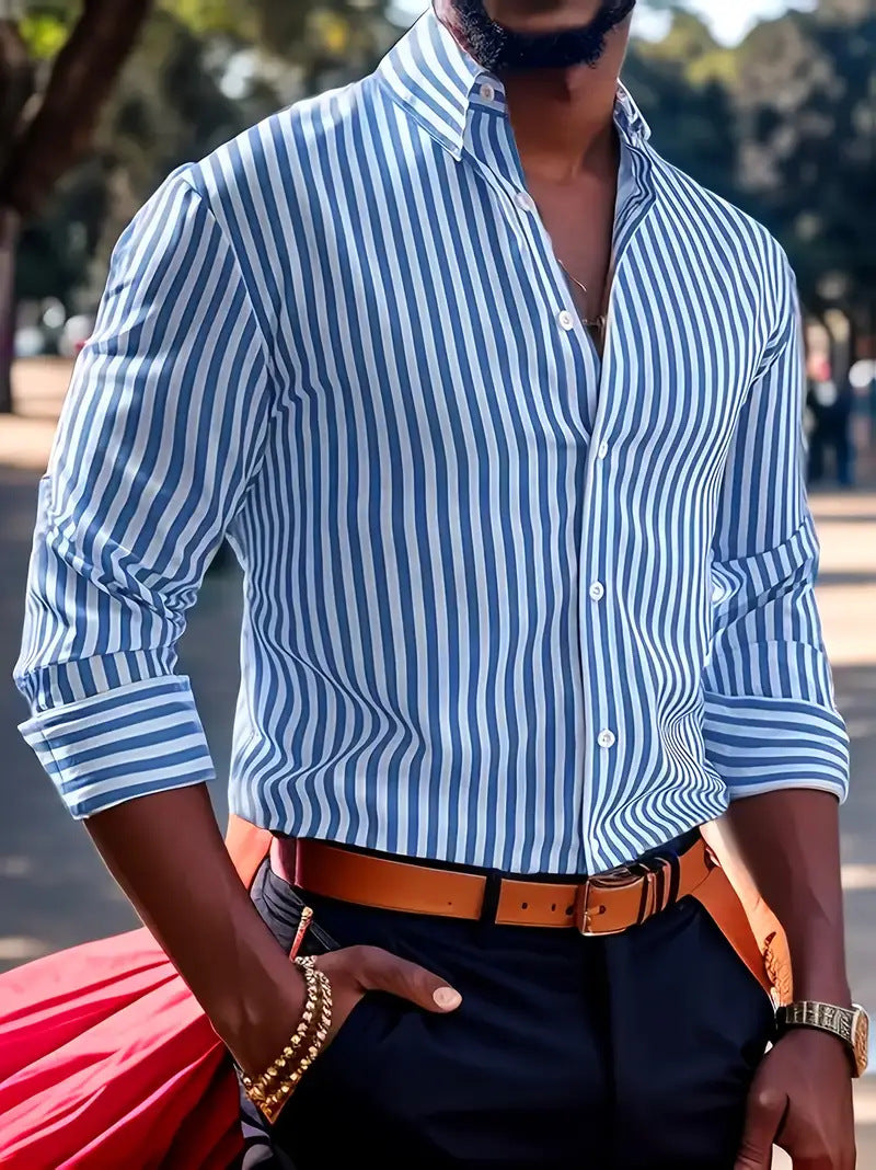 Ins Stripe Printed Long Sleeve Shirt Men Fashion Casual Lapel Button Top Clothing - cas7m