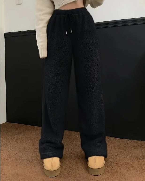 Women's Solid Color Loose Fleece Casual Pants - cas7m