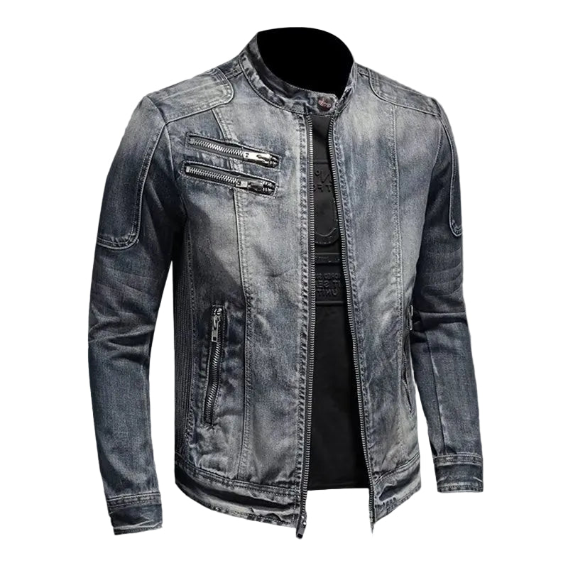 Men's Retro Solid Color Stand Collar Denim Jacket Casual Long Sleeve Outerwear