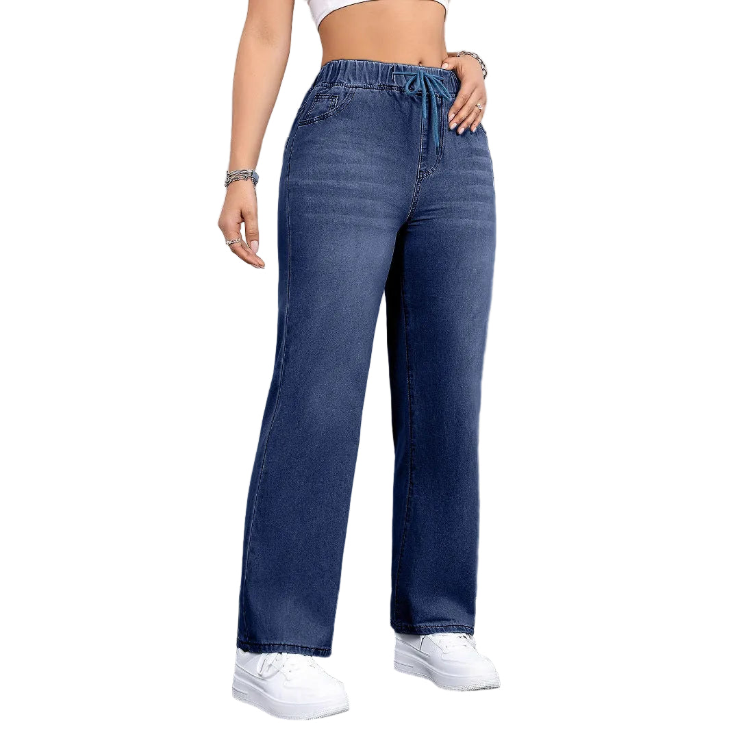 Oversized Jeans Drawstring Elastic Waistband Plain Washed Blue Casual - cas7m