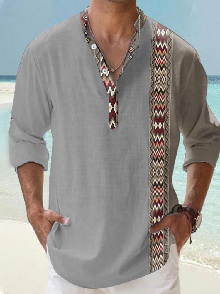 Thin Casual Digital Bamboo Linen Hawaiian Long Sleeve Shirt - cas7m