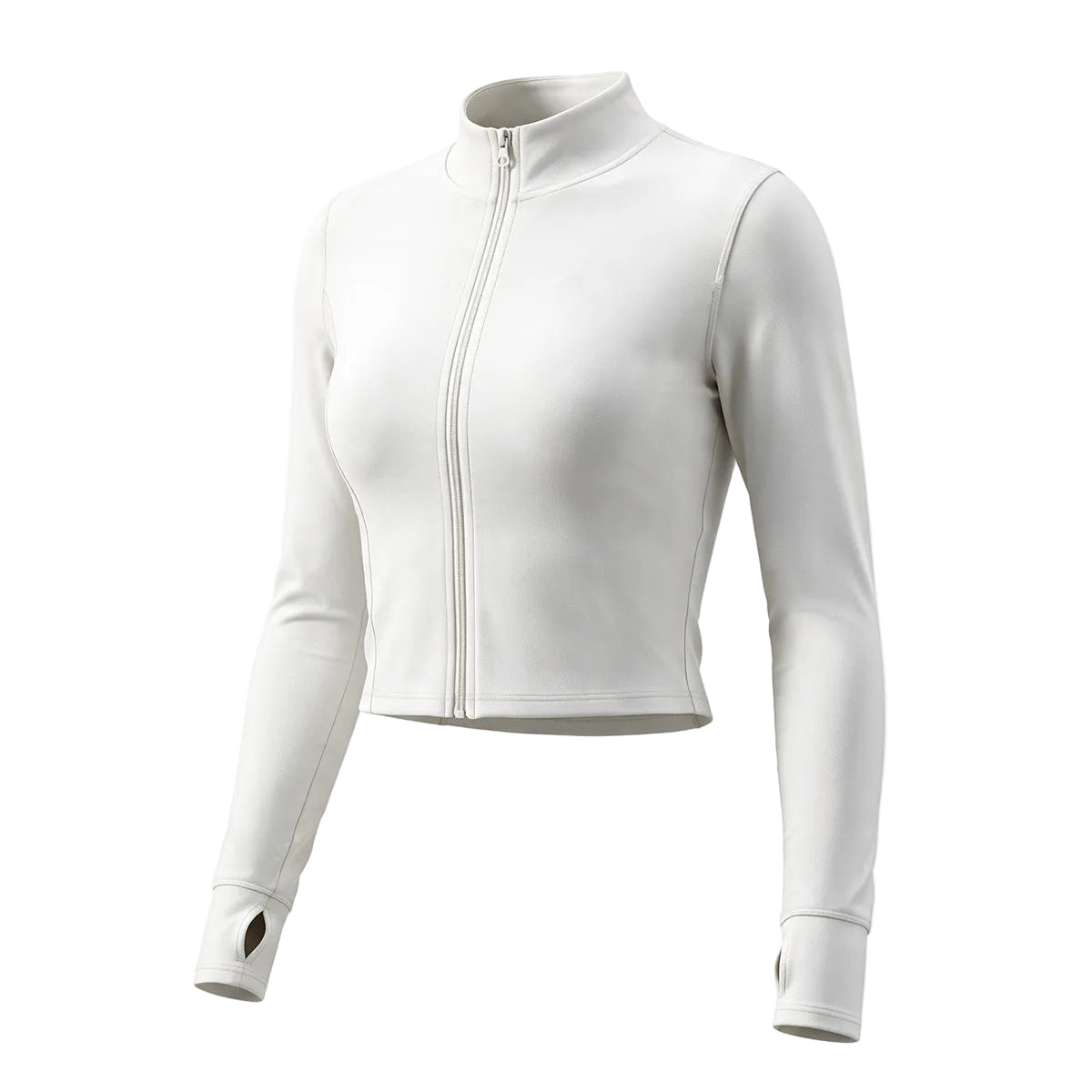 A white long-sleeve athletic crop top with a mock neck and front zipper, shown on a clean white background.