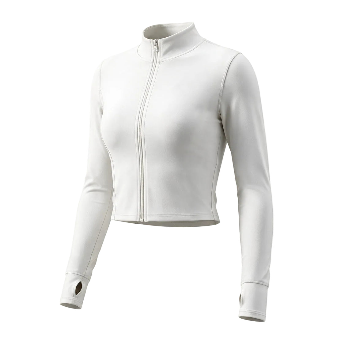 A white long-sleeve athletic crop top with a mock neck and front zipper, shown on a clean white background.
