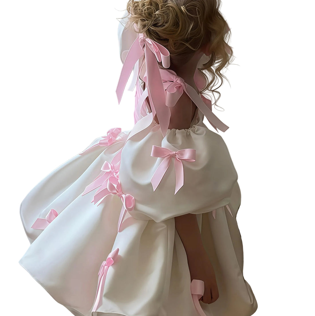 A child wearing a voluminous white dress with multiple pink satin bows, photographed indoors near a window with soft natural light.