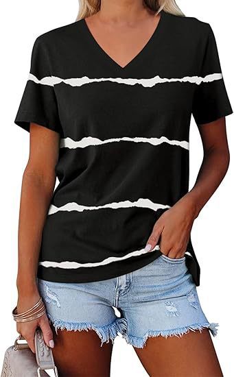 Casual Top Fashion Trend Stripes Short Sleeve Women V-neck - cas7m