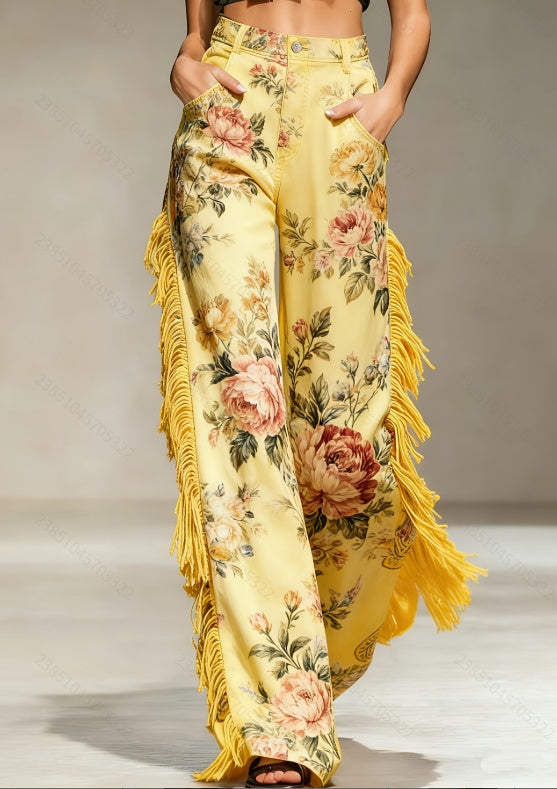 Retro Floral Print Fringed Wide-Leg Pants - cas7m