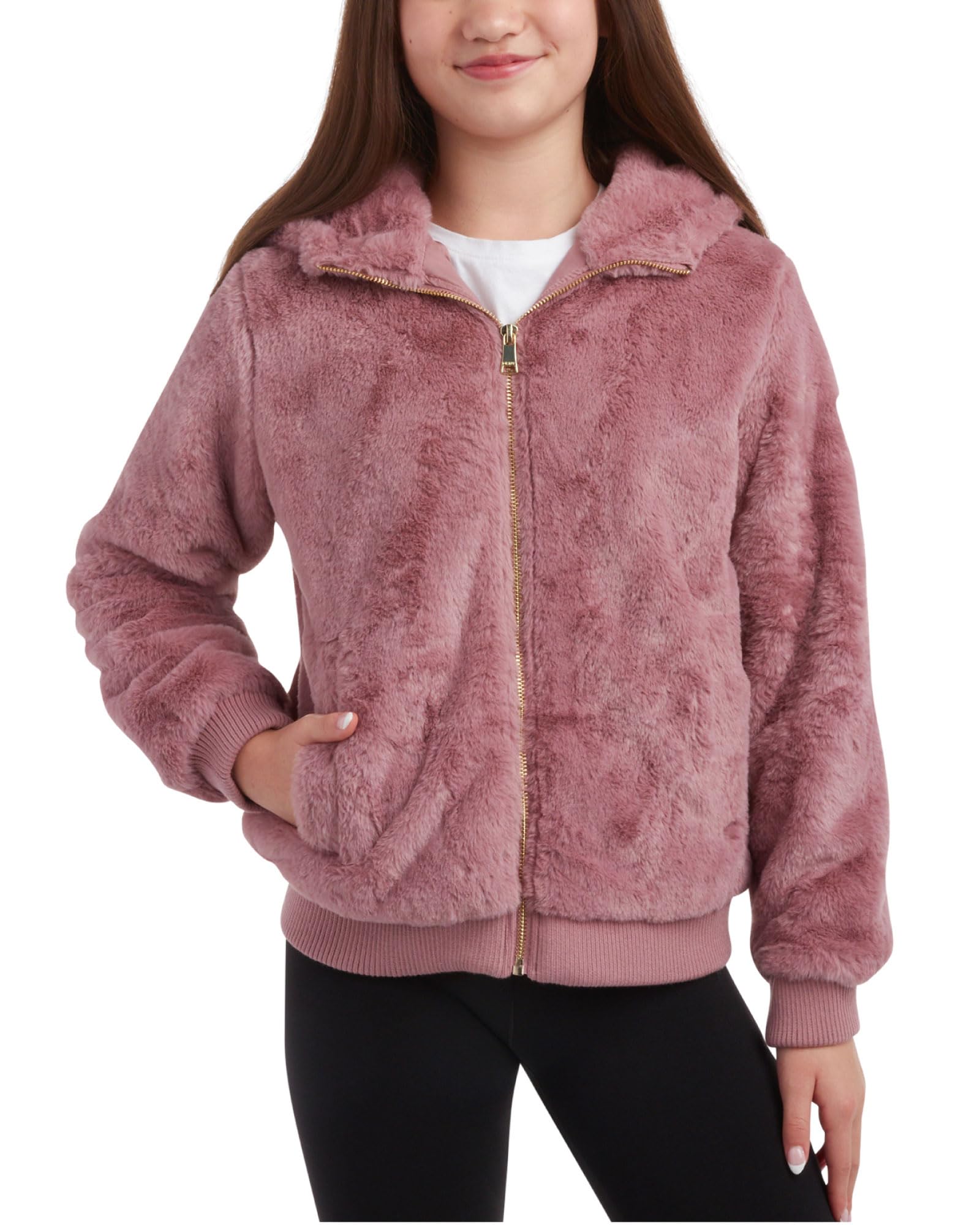 DKNY Girls Sherpa Bomber Jacket - Hooded Faux Fur Winter Coat