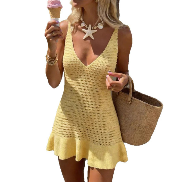 Womens Solid-color Sleeveless V-neck Dress With A Flounced Hem - cas7m
