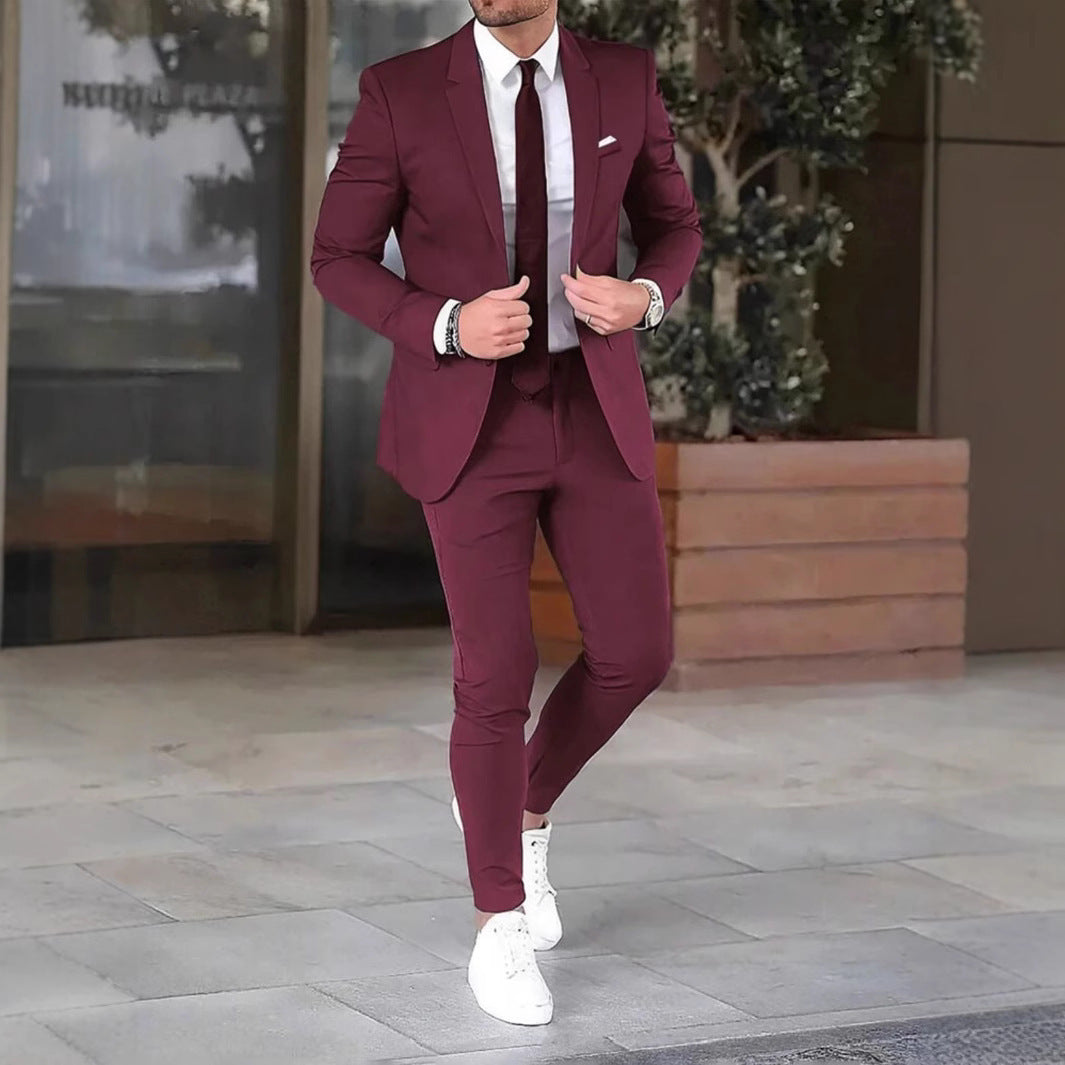 Two-piece Solid Color Slim-fit Coat Suit Pants - cas7m