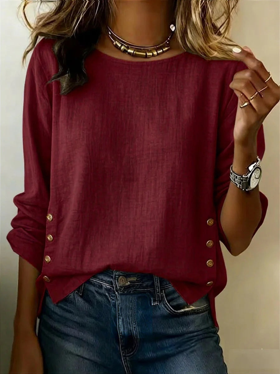 Summer Solid Color Round Neck Casual Loose Cotton And Linen Top For Women - cas7m