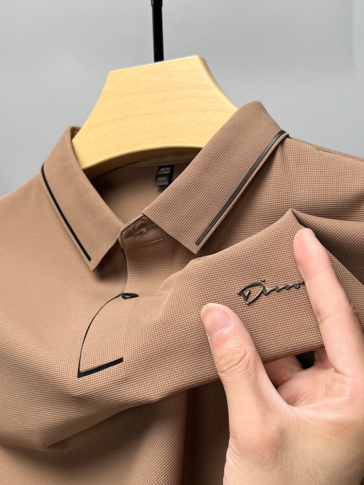 Ice Silk Short Sleeve T-shirt Men's Shirt Collar Summer Polo Shirt Loose Clothes Split - cas7m