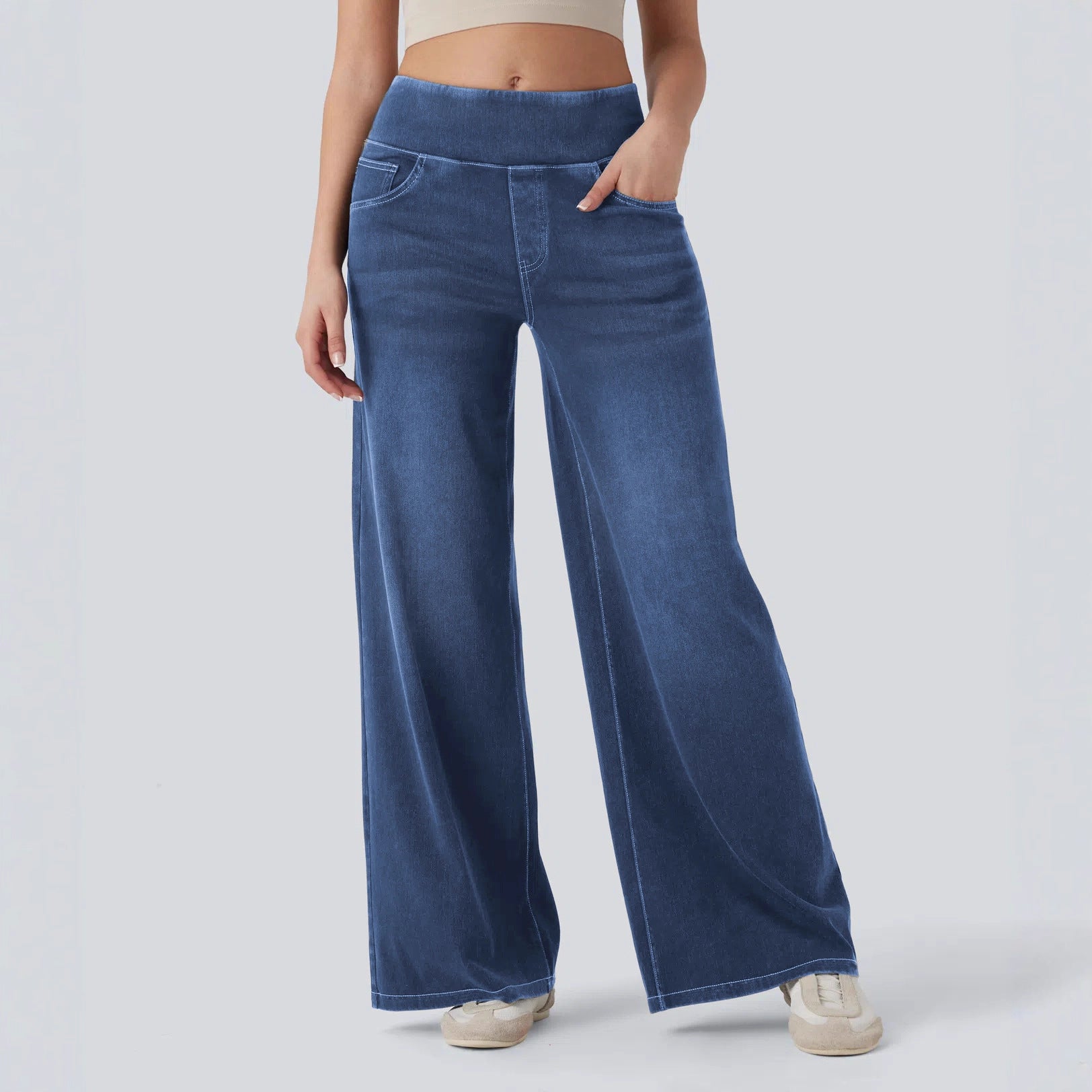 High-waisted Loose-fit Stretchy Wide-leg Jeans For Women - cas7m