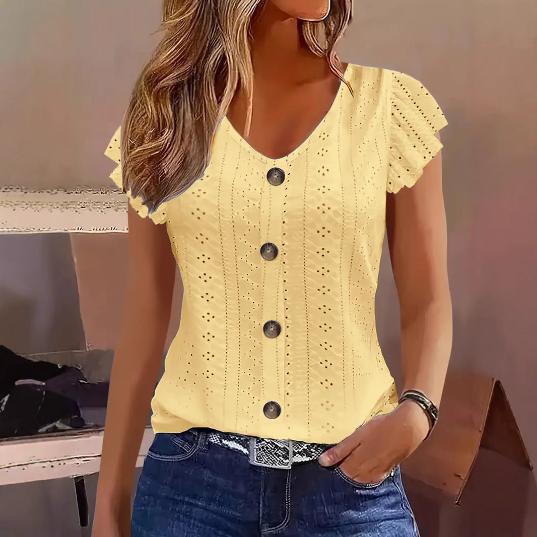 Solid Color Jacquard V-neck Buttons Long Sleeve T-shirt - cas7m
