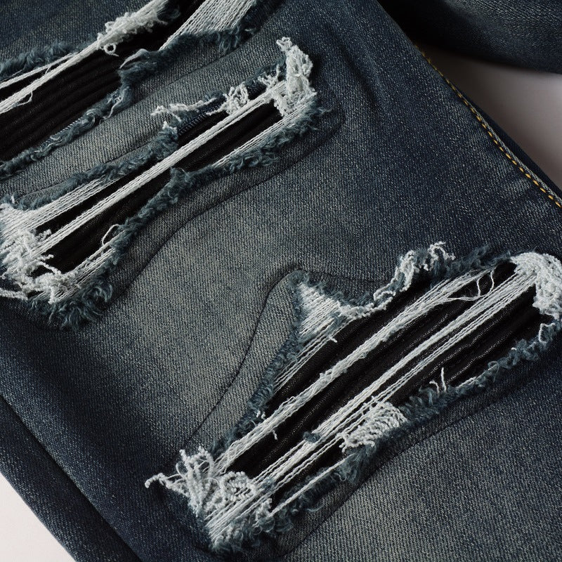 High Street Blue Ripped Leather Patchwork Men's Jeans - cas7m