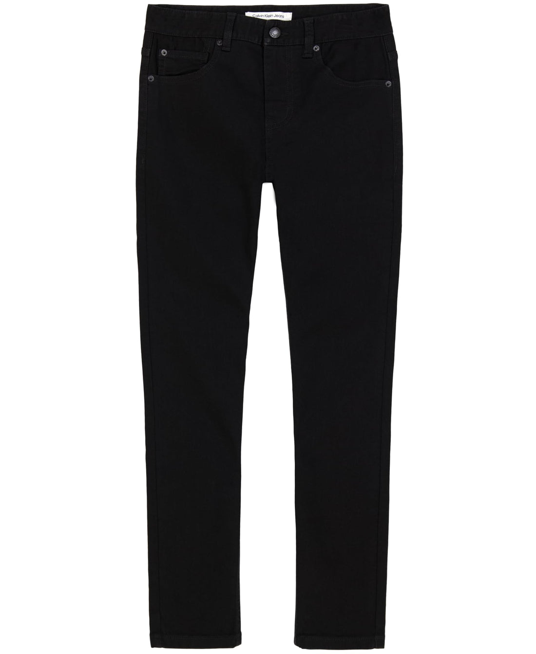 Black slim-fit jeans photographed flat against a plain white background.
