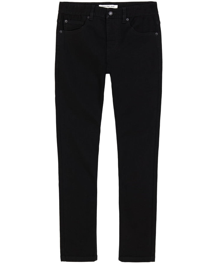 Black slim-fit jeans photographed flat against a plain white background.