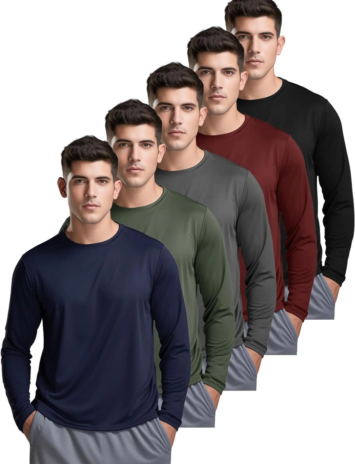 Five men wearing long-sleeve shirts in different colors on a white background