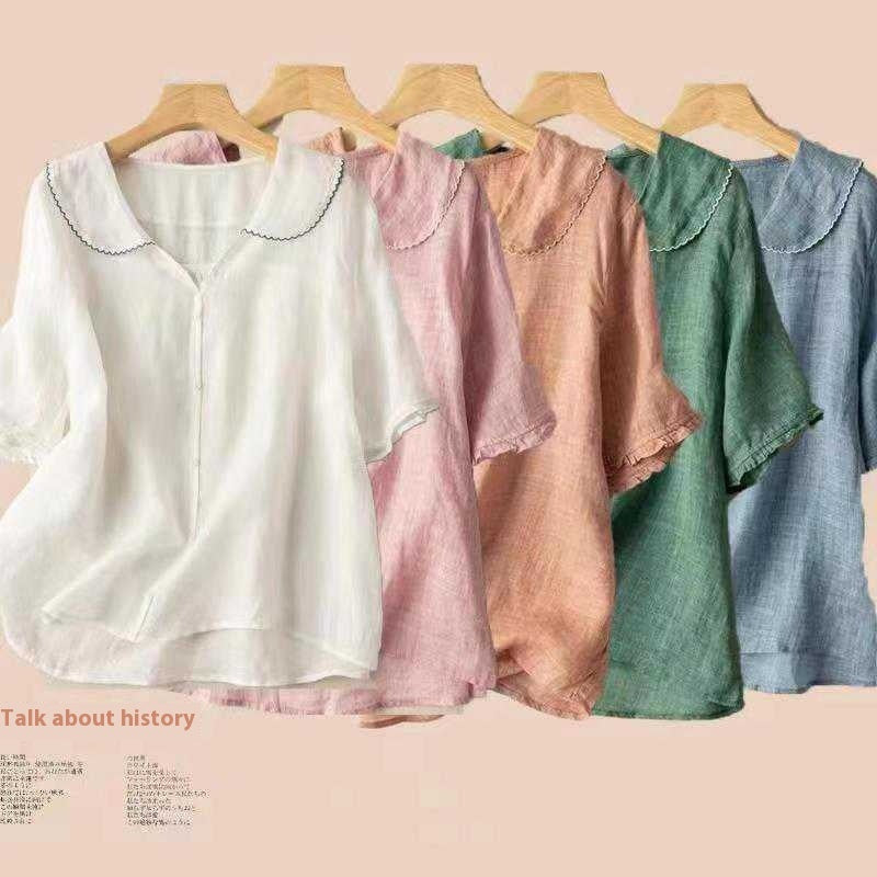 Women's Ramie Artistic Retro Cotton And Linen Doll Collar Loose Top - cas7m