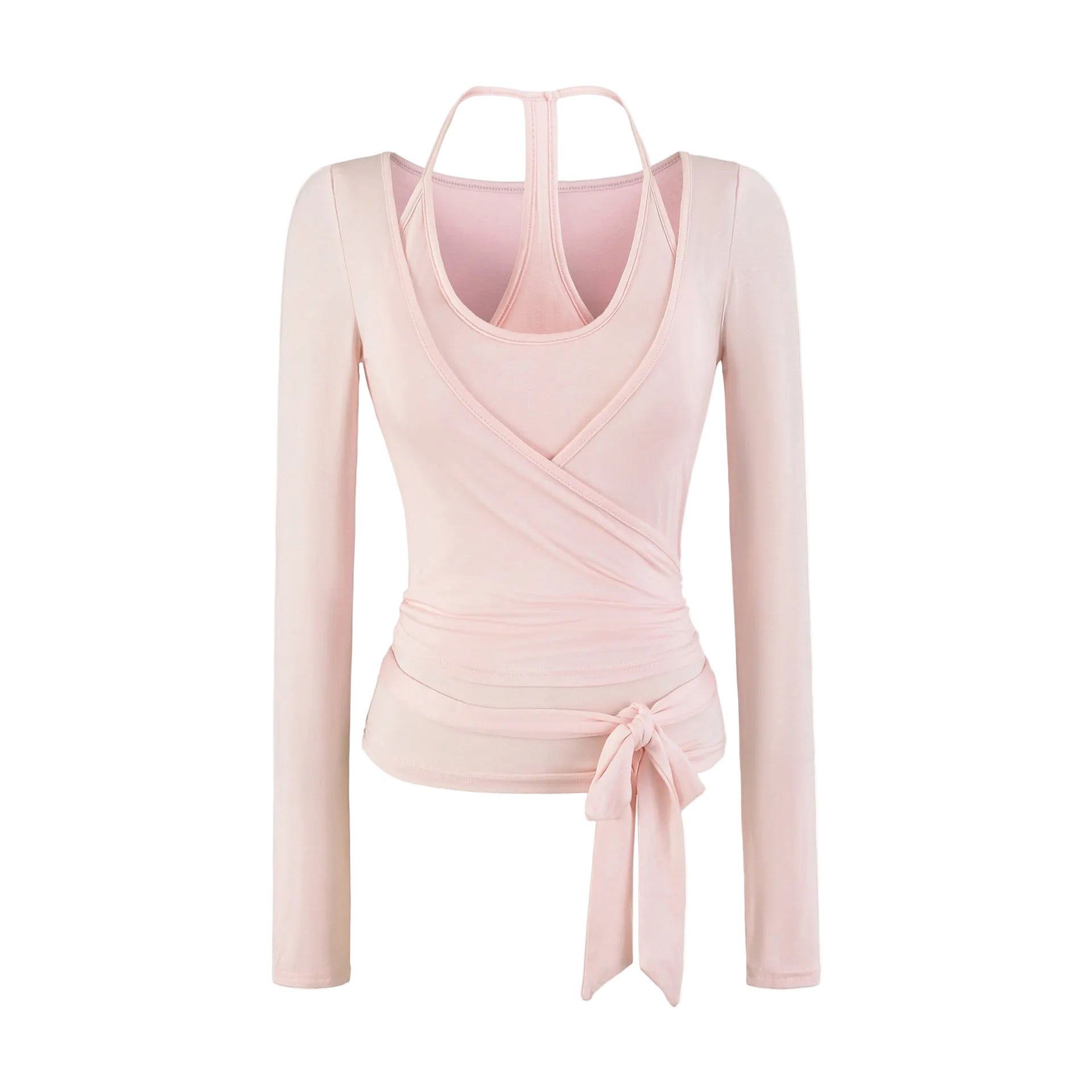 A light pink long-sleeve wrap top with a halter-style back neckline and a side tie detail, shown on a plain white background.