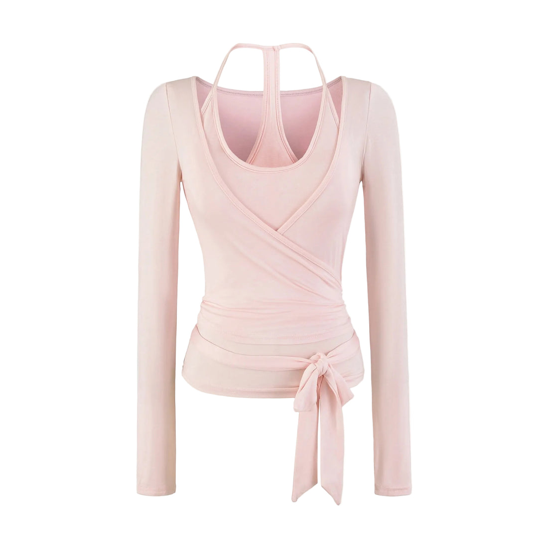 A light pink long-sleeve wrap top with a halter-style back neckline and a side tie detail, shown on a plain white background.