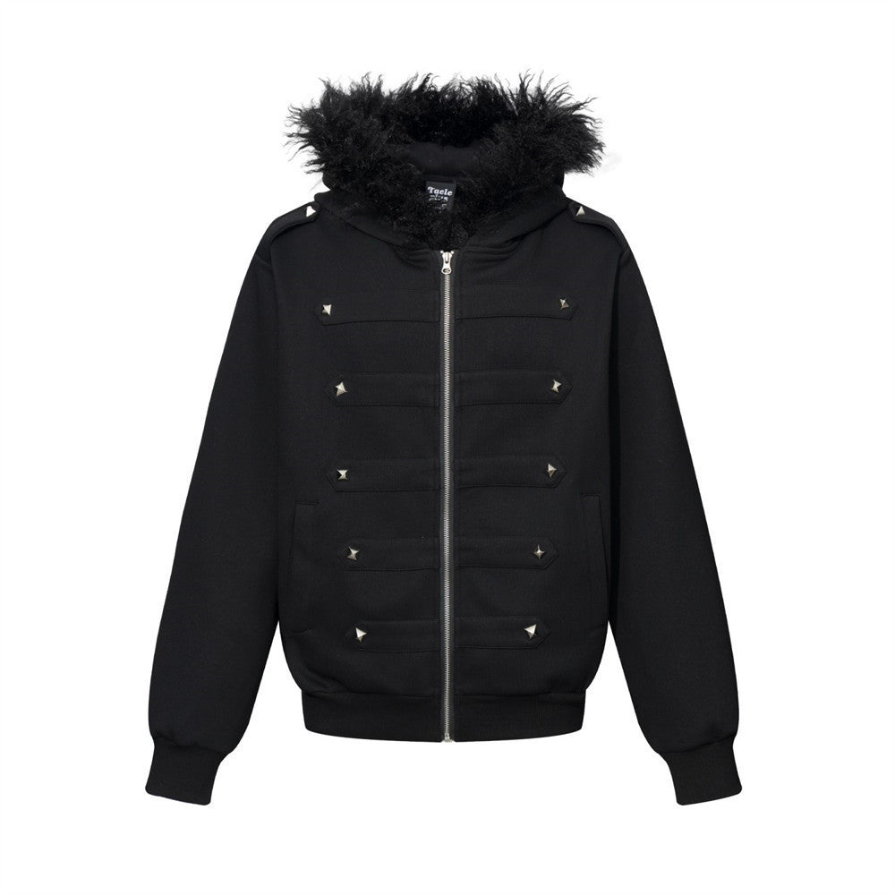 Men's Casual Long Sleeve Rivet Detail Open Front Hooded Fur Collar Loose Fit Sweatshirt Jacket