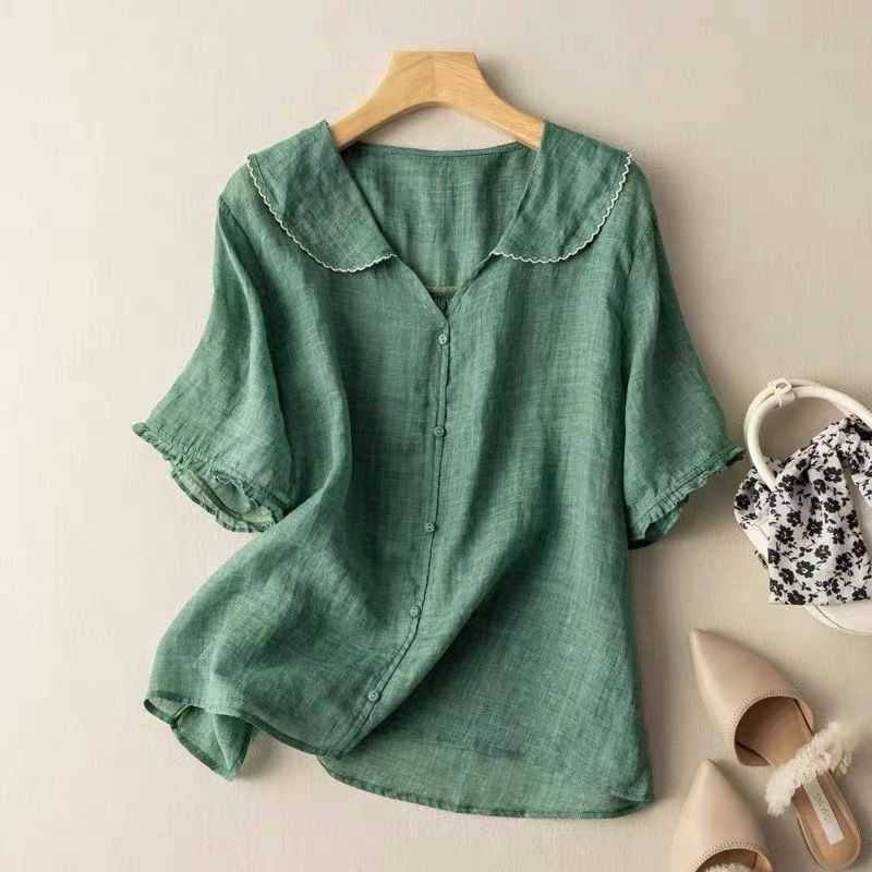 Women's Ramie Artistic Retro Cotton And Linen Doll Collar Loose Top - cas7m