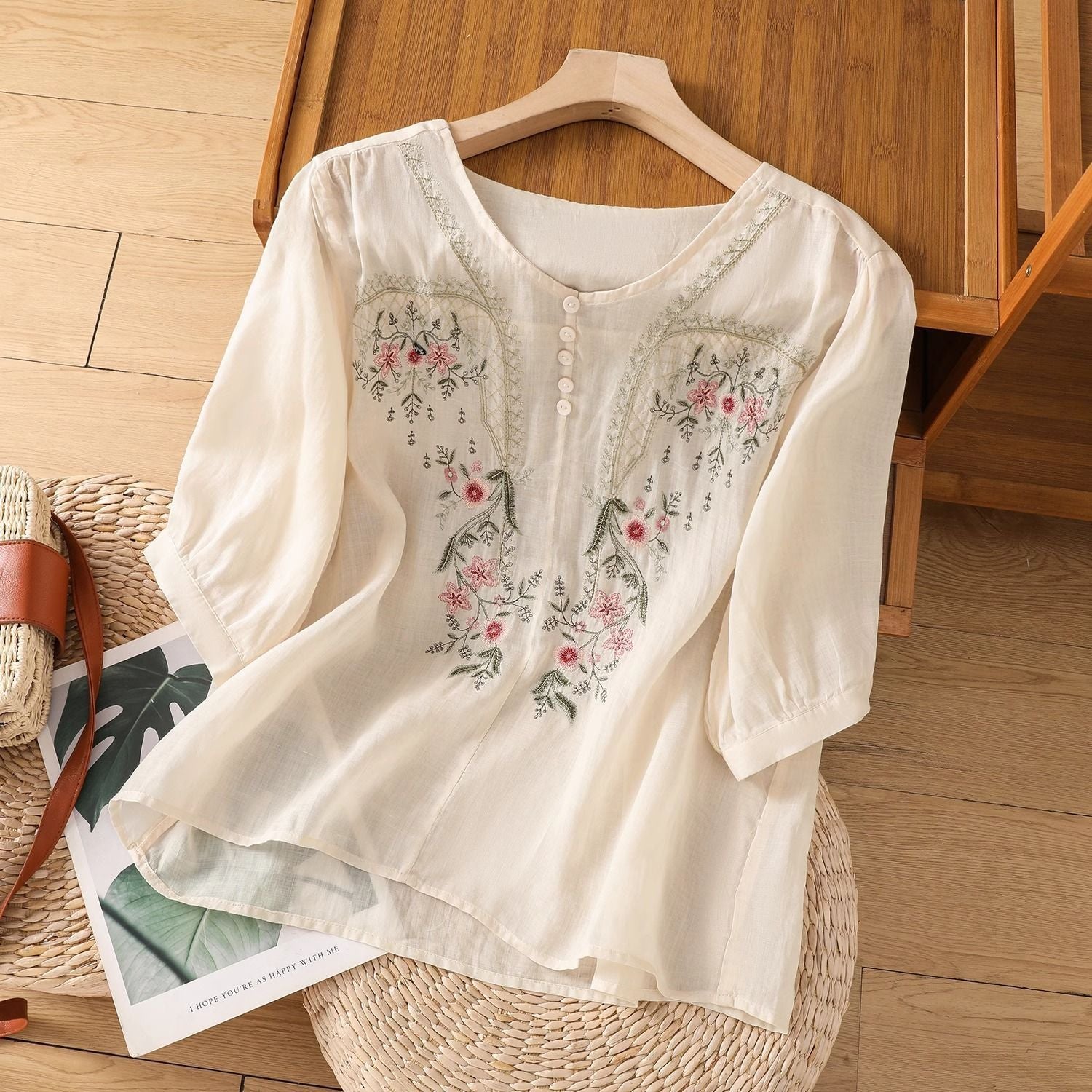 Short Sleeve Top Pullover Embroidered Chinese Women's Loose Slimming And All-matching - cas7m