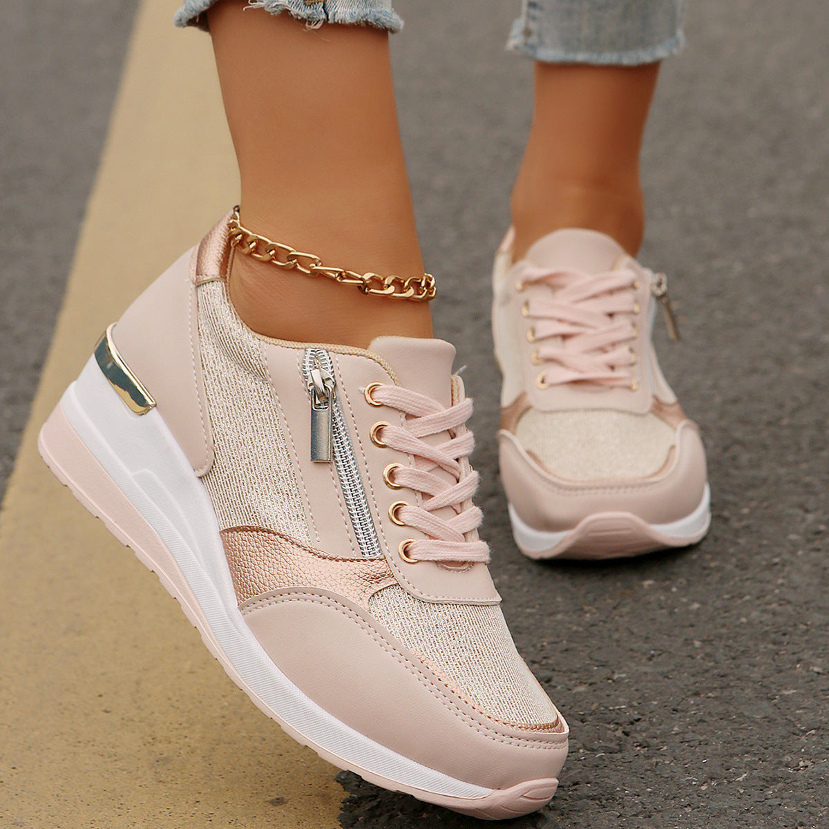 Women's Lace-up Casual Shoes FFashion Side Zipper Design Thick-soled Shoes Walking Running Sports Sneakers - cas7m