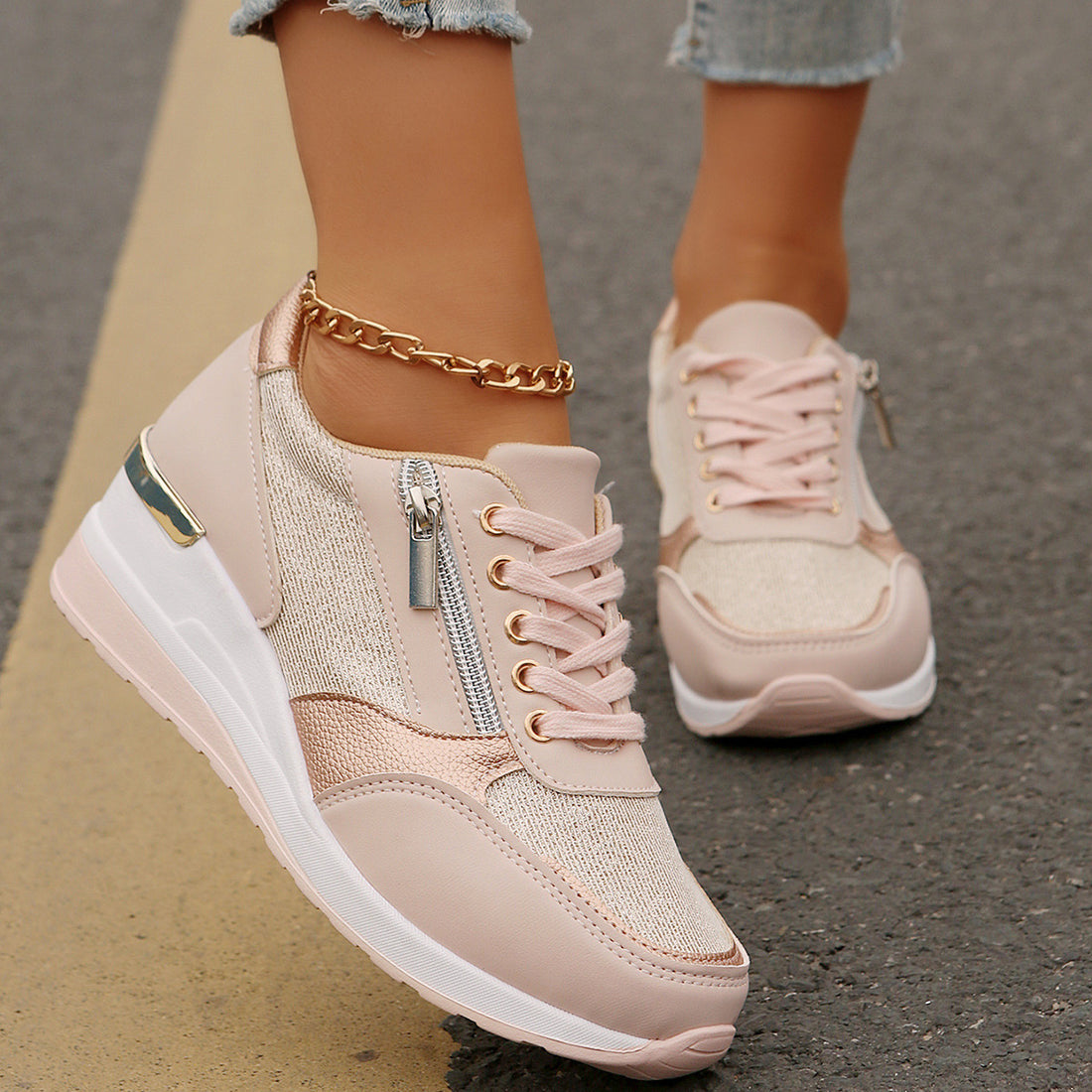 Women's Lace-up Casual Shoes FFashion Side Zipper Design Thick-soled Shoes Walking Running Sports Sneakers - cas7m