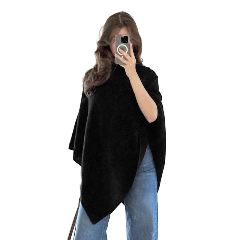 Shawl-Neck Sweater Irregular Wool Knitted Cape - cas7m