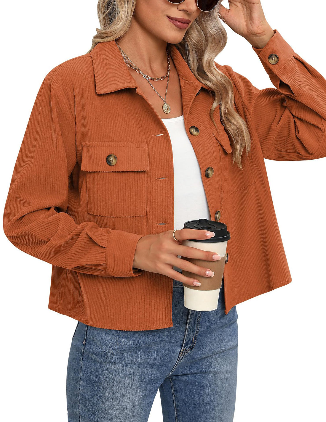 Corduroy Button Cropped Jacket For Women - cas7m