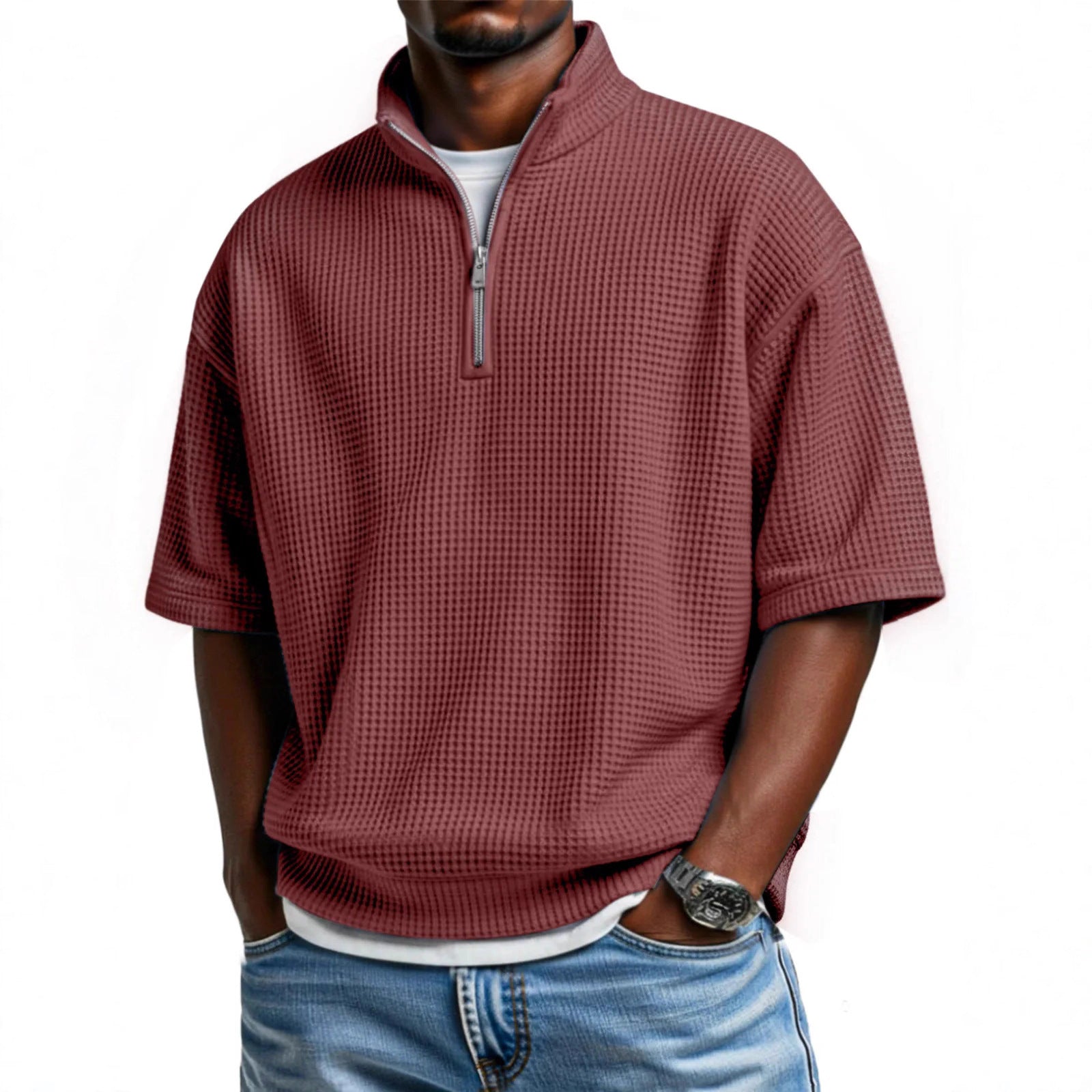 Waffle-knit Short-sleeve Polo Shirt For Men Loose-fitting Half-zip T-shirt - cas7m