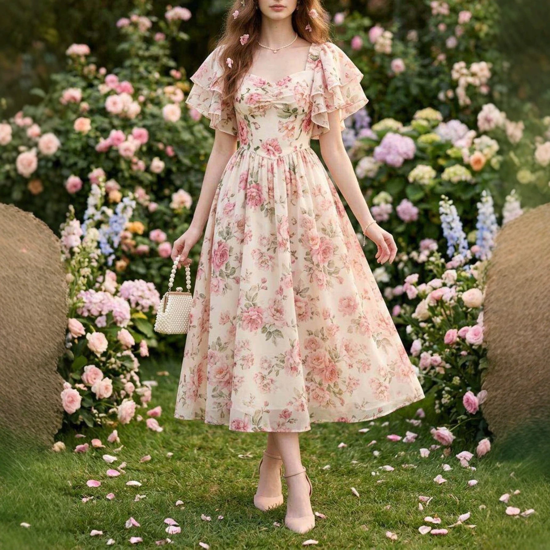Square-neck Puff-sleeve Floral Print Waist-cinched Midi Dress With A Flared Hem - cas7m