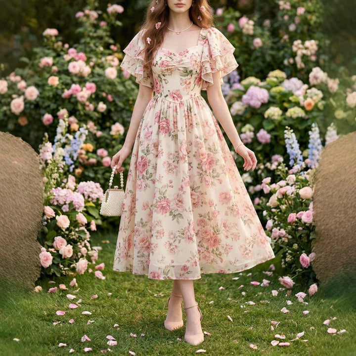 Square-neck Puff-sleeve Floral Print Waist-cinched Midi Dress With A Flared Hem - cas7m