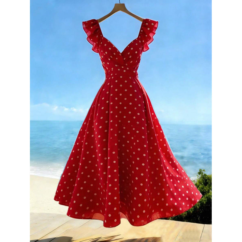 Womens Solid-Color Casual Resort V-Neck Ruffle-Trim Dress - cas7m
