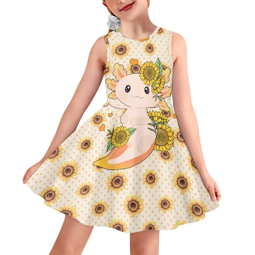 A sleeveless A-line dress with a sunflower and cartoon axolotl print, shown on a model against a white background.
