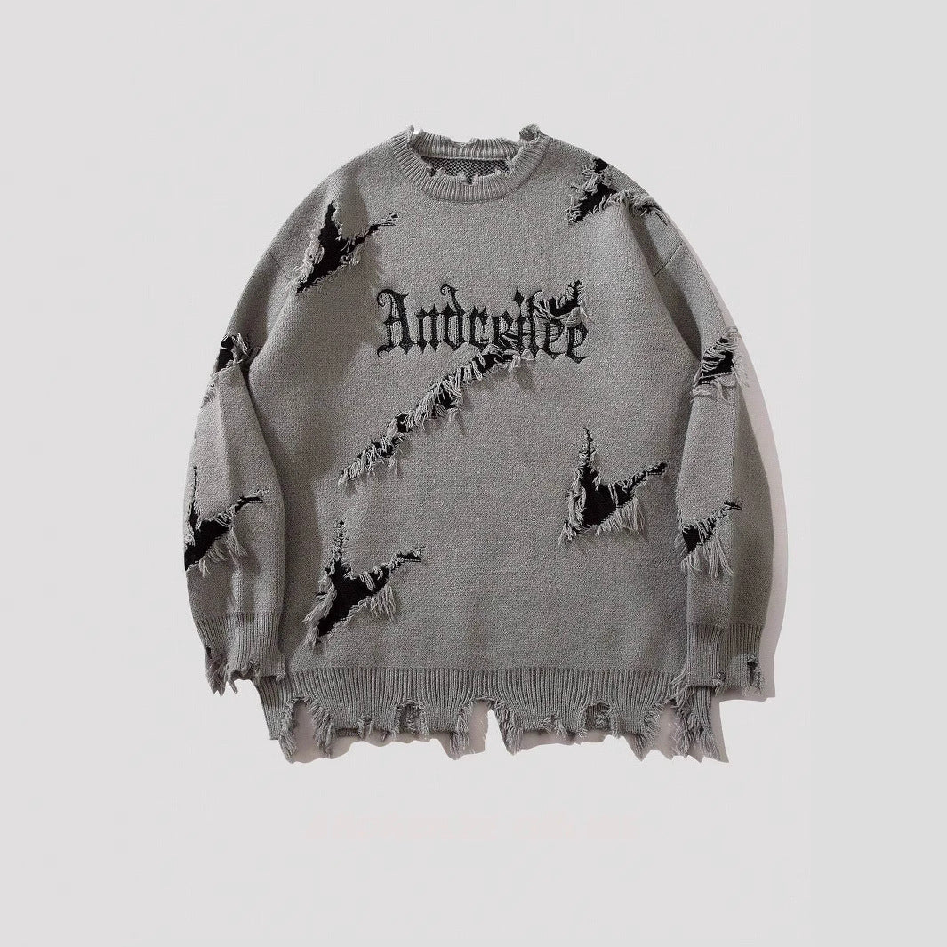New Personality Street Jacquard Ripped Frayed Vintage Loose Sweater - cas7m