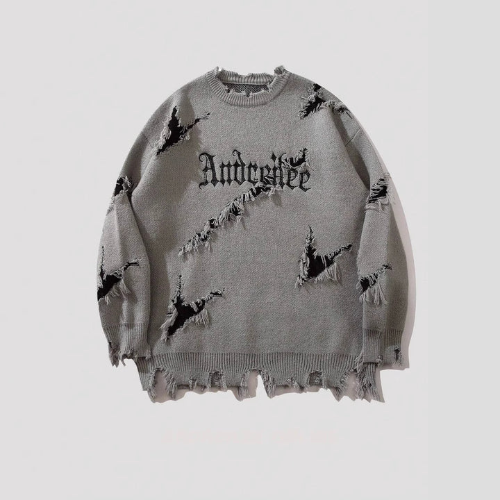 New Personality Street Jacquard Ripped Frayed Vintage Loose Sweater - cas7m